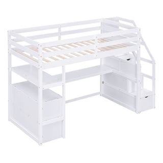 Loft Bed With Desk, Shelves, 2 Drawers, Storage Staircase
