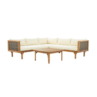 Premium Outdoor Sofa Set With Waterproof Cushions Sectional Seating Group With Acacia Wood And Wicker - Brown Mix / Beige