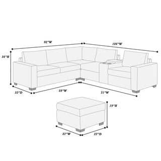 Contemporary L-Shaped Sectional Set With USB Console & Ottoman