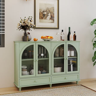 Green Arched Glass Sideboard Buffet Cabinet, 2 Drawers & 4 Glass Doors Storage Credenza, Display Cabinet With Adjustable Shelves, Modern Kitchen Cupboard For Dining Room Living Room Entryway