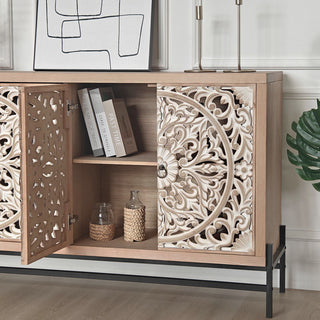 Carved 4 Door Cabinet, Storage Sideboard For Living Room - Multi