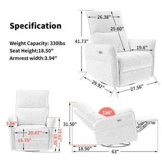 Power Swivel Rocker Recliner Chair, 270° Swivel Rocking Recliner Chair, Electric Small Recliners For Small Spaces, Single Sofa Recliner For Living Room - Blue / Gray