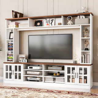 Wall Unit Entertainment Center With Bookshelves For TVs Up To 80", Tempered Glass Doors And Adjustable Shelves