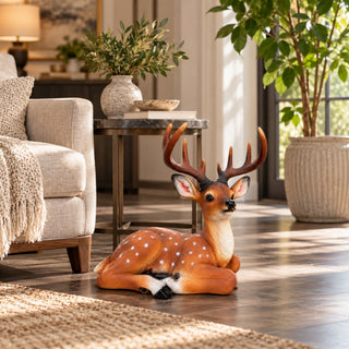Lying Deer Garden Statue, Buck Sculpture With Detachable Antlers For Outdoor Decor - Brown