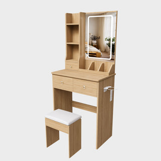 Small Vanity Desk With 3 LED Lighting Modes, 3 Drawers, Hair Dryer Holder, Power Socket, And Dressing Chair - Natural Walnut
