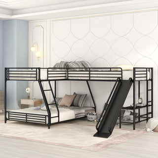 L-Shaped Twin Over Full Bunk Bed With Twin Loft, Built In Desk And Slide - Black