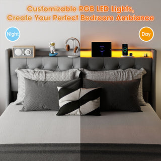 Platform Bed Frame With RGB LED Lights, Charging Station, Storage Headboard & 4 Underbed Drawers