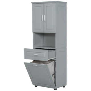Tall Bathroom Cabinet With Tilt-Out Laundry Basket And Upper Storage