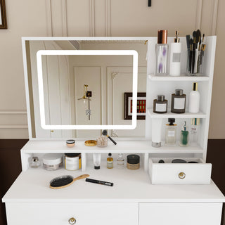 Vanity Desk With Mirror, 3 Color Lighting And Stool