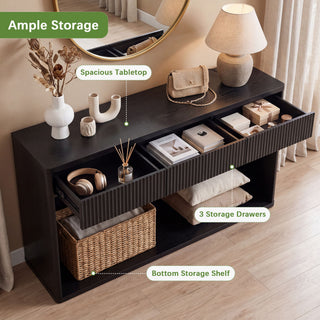 Fluted Console Table With 3 Drawers, Long Sofa Table Behind Couch For Living Room - Black