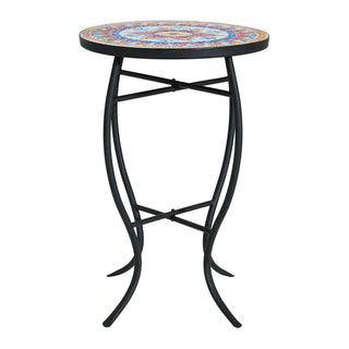 Outdoor Round Side Table With Mosaic Style Top And Curved Iron Legs