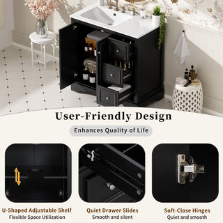 Bathroom Vanity With Sink, Soft-Close Doors, Adjustable U-Shelf, 3 Drawers