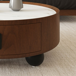 Round Coffee Table With Ball Feet, Pull Handle Storage Drawer - Bouguer Walnut / Brown