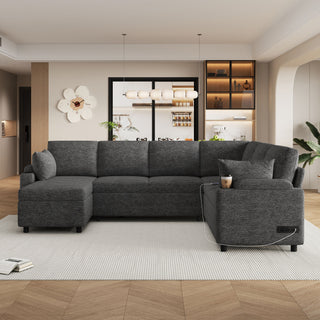 U-Shaped Sectional Sleeper Sofa With Ample Storage Space, 2 Cup Holders And Charging Ports For Living Room