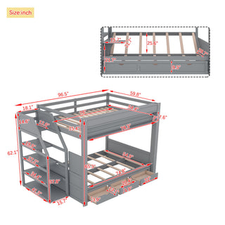Wood Full Size Convertible Bunk Bed With Storage Staircase, Bedside Table, And 3 Drawers - Gray