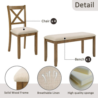 6 Piece Dining Table Set, Large Rectangular Table With Upholstered Bench & 4 X - Back Chairs, Kitchen Furniture - Oak