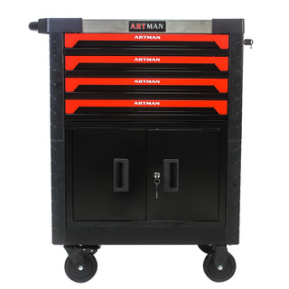 Removable 4 Drawer Metal Tool Cart With Lock - Black / Red