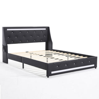 Wingback Upholstered Bed Frame With LED Lights, Charging Station