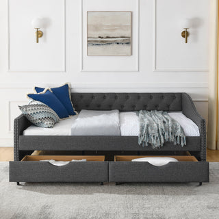 Upholstered Tufted Daybed With 2 Drawers, Waved Arms