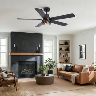Ceiling Fan With Light, Dual‑Sided Matte Black & Wood Grain Blades - Black