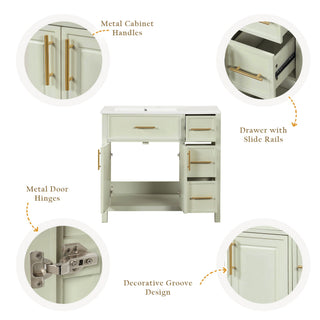 36" Bathroom Vanity With Sink, 2 Doors, 3 Drawers, Rectangular - White