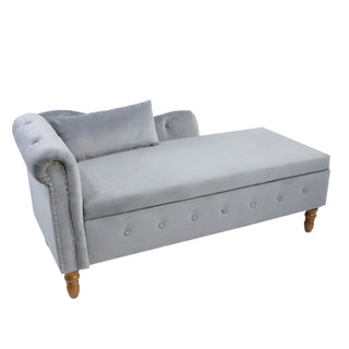 Chaise Lounge Indoor, Lounge Chair For Bedroom With Storage & Pillow, Modern Upholstered Rolled Arm Chase Lounge For Sleeping With Nailhead Trim For Living Room Bedroom Office