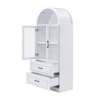 Arched Top Storage Cabinet With Fixed 2 Tier Shelves, 2 Large Drawers