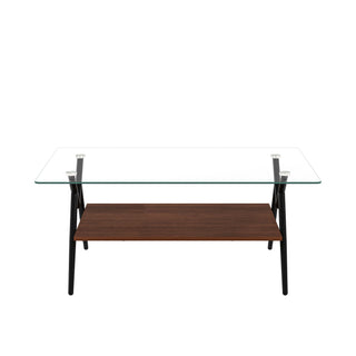 Rectangle Coffee Table With Tempered Glass Top And Shelf