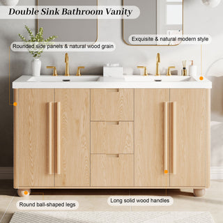 Double Sink Bathroom Vanity With Sinks, Soft Close Doors & 3 Drawers - Wood