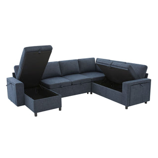 U - Shaped Convertible Sectional Sofa Bed With Storage, USB Charger & Cup Holders