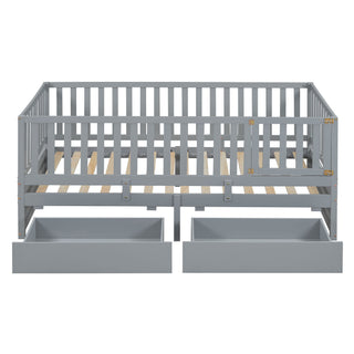 Daybed With Fence Guardrails And 2 Drawers, Split Into Independent Floor Bed & Daybed