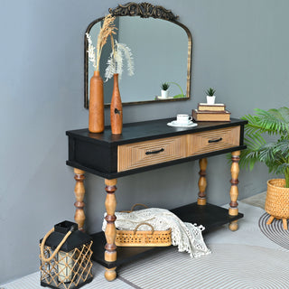 Accent Carved Console Table With Open Shelf And 2 Drawers Living Room - Black / Natural Wood Wash