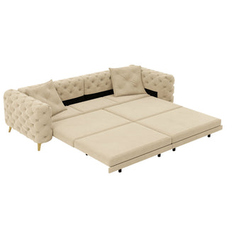 3 In 1 Convertible Sleeper Sofa, Pull Out Bed, Button Tufted, 4 Seater Couch With Movable Ottoman For Apartment - Apricot