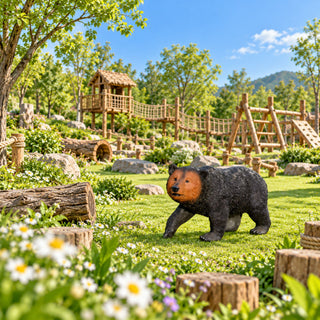 Bear Garden Statue, Walking Animal Sculpture With 2 Ground Stakes For Outdoor Decor - Black