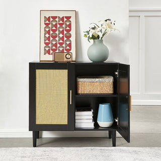 Side Panel Buffet Cabinet With Natural Rattan Door, Rattan Storage Cabinet With Adjustable Shelves, Side Panel And Buffet With Storage Space, Modern Console Cabinet In Bedroom And Living Room - Black / Beige