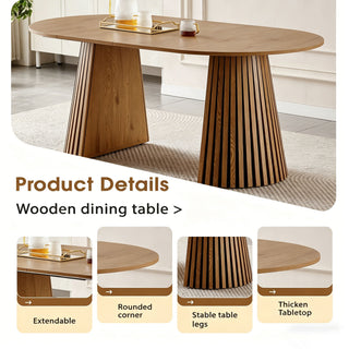 Dining Table, Flexible Extendable Oval Design With Slatted Legs - Natural Wood