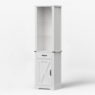 Pantry Cabinet With LED Lights And Barn Door With Tempered Glass Shelves - White