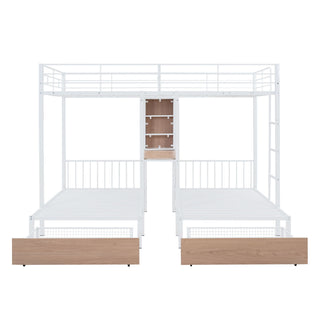 Triple Bunk Bed With Drawers, Multi-Functional Frame With Desks And Shelves In The Middle