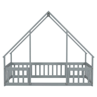 Wood House-Shaped Floor Bed With Fence, Guardrails