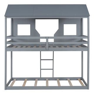 Twin Over Twin Bunk Bed With Roof, Window, Guardrail, Ladder