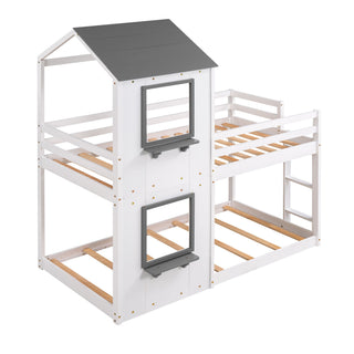 Bunk Bed Wood Bed & Roof, Window, Guardrail, Ladder