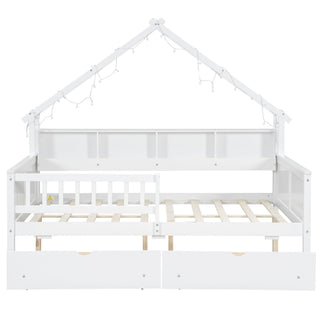 House Style Platform Bed With LED Lights, Storage Shelves, Drawers, And Guardrail