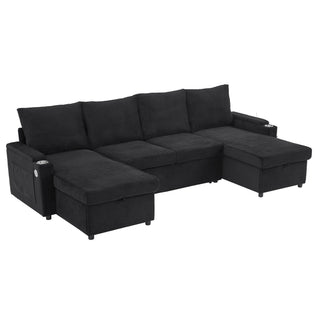 U Shaped Sectional Sofa Bed With Storage Chaise Lounges, USB Ports, And Cup Holders