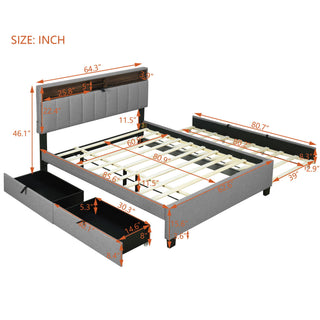 Upholstered Platform Bed With Storage Headboard, Trundle & 2 Drawers And A Set Of Sockets & USB Ports