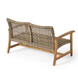 Outdoor Rattan Loveseat With Wooden Legs - Brown
