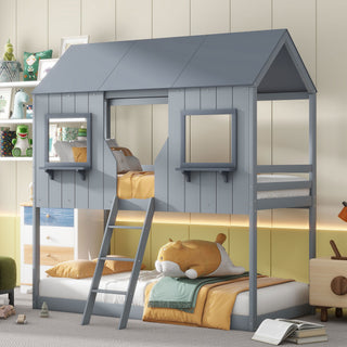 Twin Over Twin Bunk Bed With Roof, Window, Guardrail, Ladder