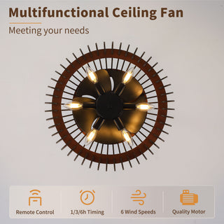 Pumpkin Ceiling Fan, Fandelier With 6 E12 Sockets, Reversible DC Motor, Adjustable Hanging, 6 Speeds Remote Control - Black