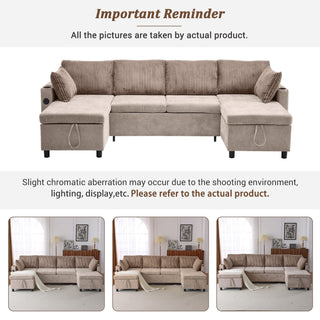 Sectional Sofa Bed With Pull Out Sleeper, USB Ports, Cup Holders