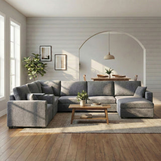Modular 5 Seat U-Shape Sectional Sofa With Chaise Lounge, Built In Cup Holders And Storage Drawer