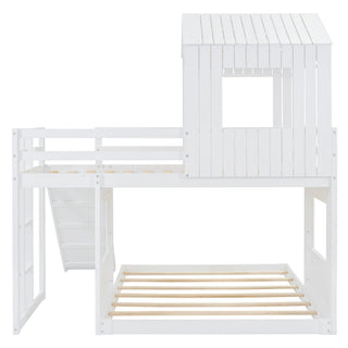 Loft Bunk Bed With Playhouse, Farmhouse, Ladder, Slide And Guardrails